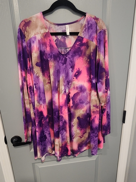 Emerald Tops - Emerald Purple and Pink Tie-Dye V-Neck Long Sleeve Top